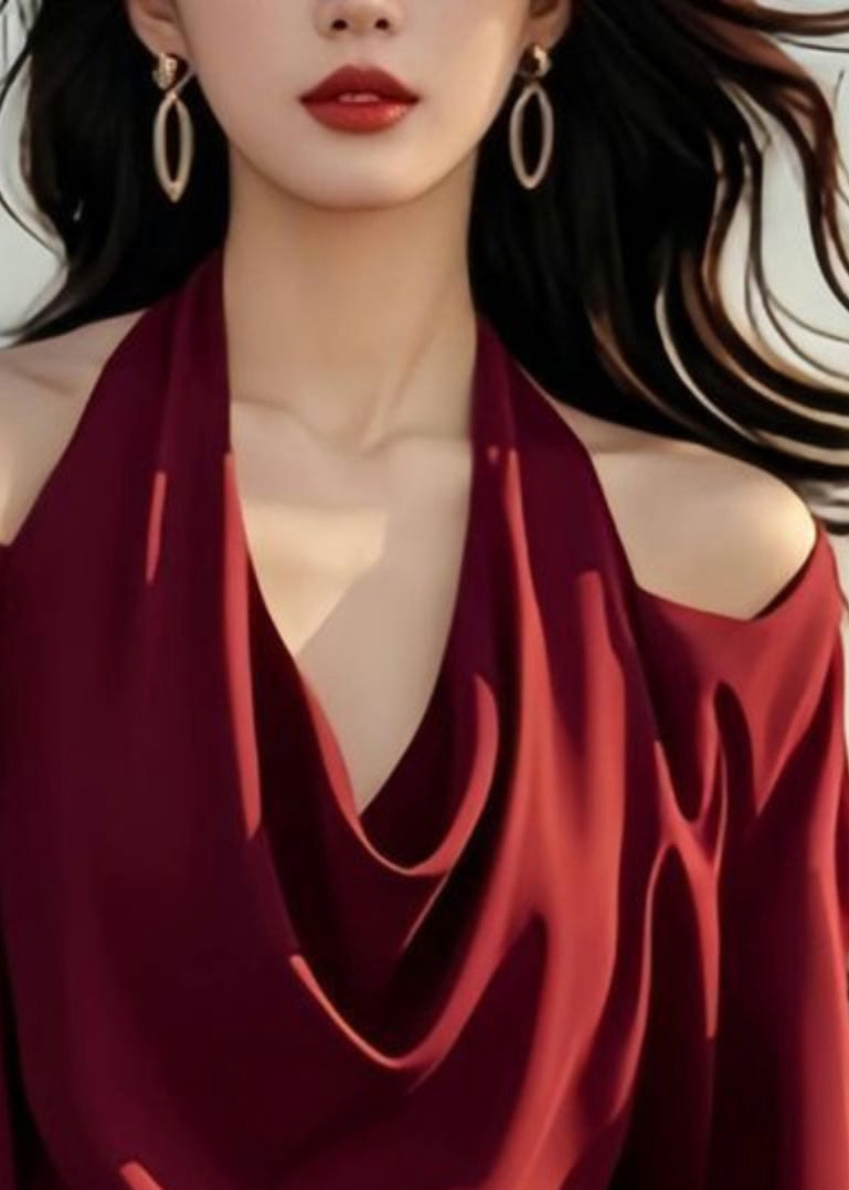 Stylish Wine Red Cold Shoulder Original Design Tops Spring
