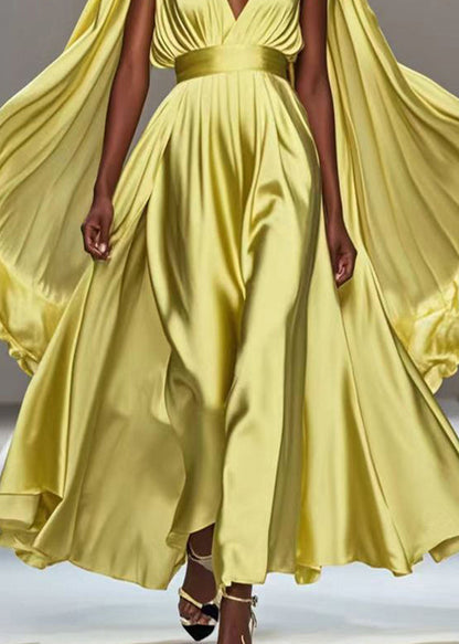 Fitted Yellow Cinched Exra Large Hem Silk Ankle Dress Summer