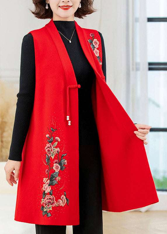 Red Long Wool Knit Waistcoat Embroidered Sleeveless