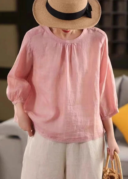 Pink Oversized Patchwork Linen Shirts Bracelet Sleeve