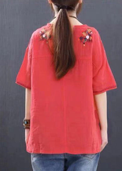 Handmade Red O-neck Embroidered Linen Tank Tops Short Sleeve