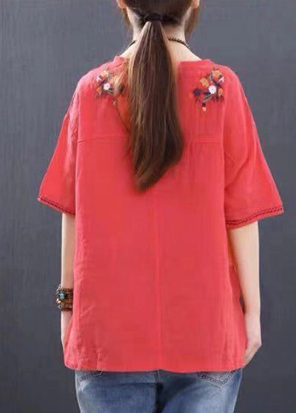 Handmade Red O-neck Embroidered Linen Tank Tops Short Sleeve