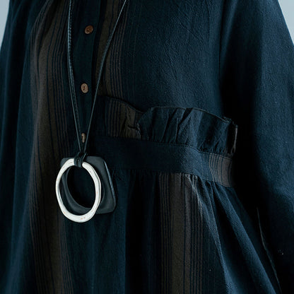 New Blue Striped Cotton Linen Dress Long Sleeve Baggy Dresses Stand Side Open Linen Cotton Dress