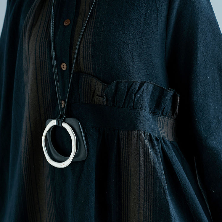New Blue Striped Cotton Linen Dress Long Sleeve Baggy Dresses Stand Side Open Linen Cotton Dress