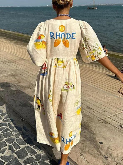 Folk Print Unique Holiday Puff Sleeve Midi Dress