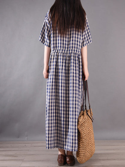 Summer Plaid Strap Linen Cotton Dress