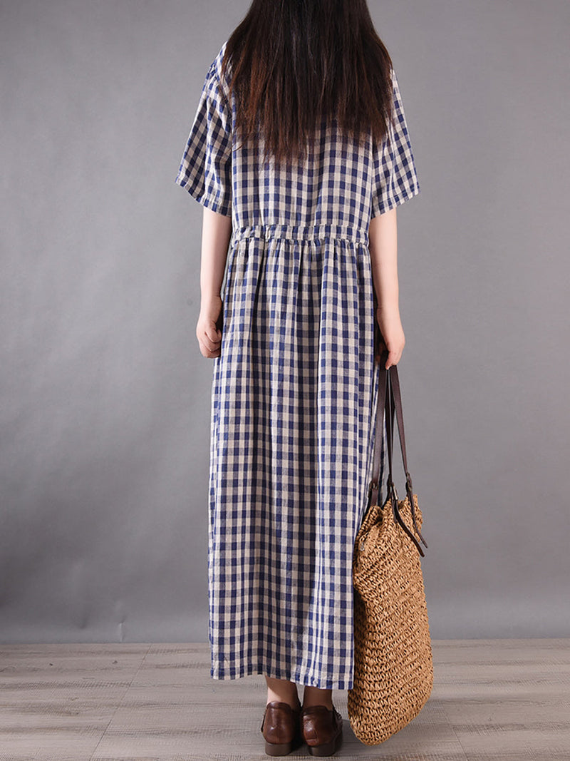 Summer Plaid Strap Linen Cotton Dress