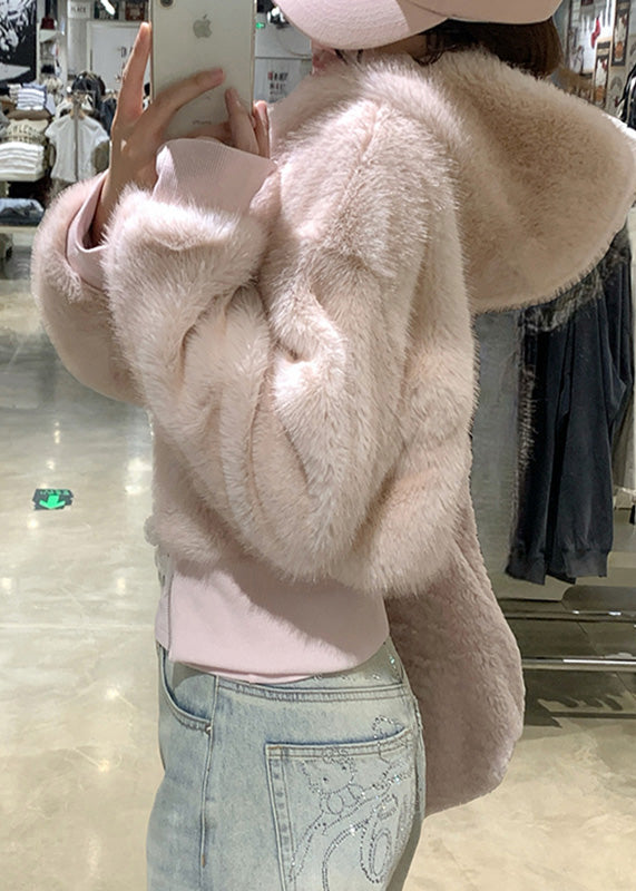 Pink Pockets Patchwork Fuzzy Fur Fluffy Hooded Parka Coats Winter