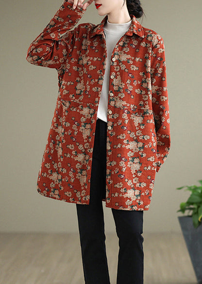 Orange Peter Pan Collar Print Warm Fleece Shirts Coat Spring