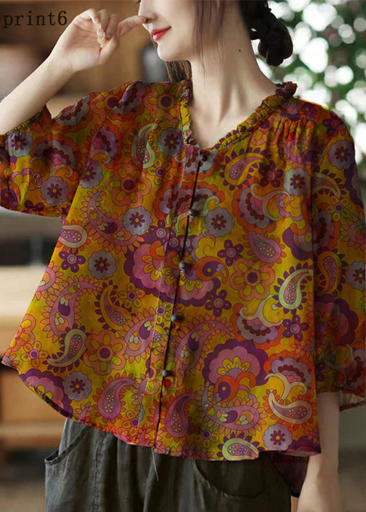 Pink-print6 V Neck Ruffled Print Linen Blouse Top Half Sleeve
