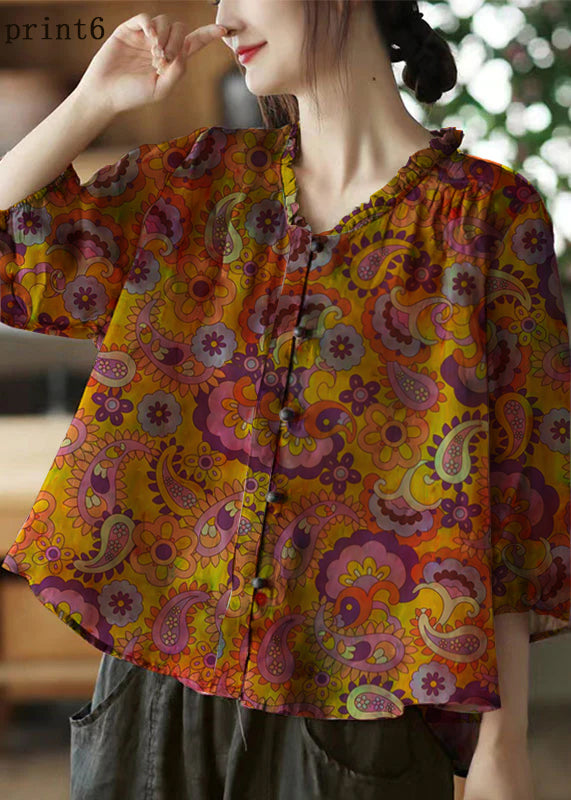 Pink-print6 V Neck Ruffled Print Linen Blouse Top Half Sleeve