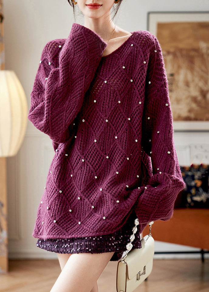 Purple O Neck Zircon Knit Sweaters Fall