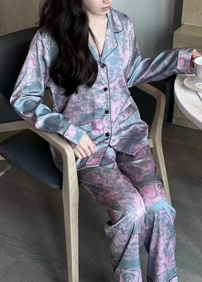 Pink Peter Pan Collar Button Ice Silk Pajamas Two Piece Set Spring