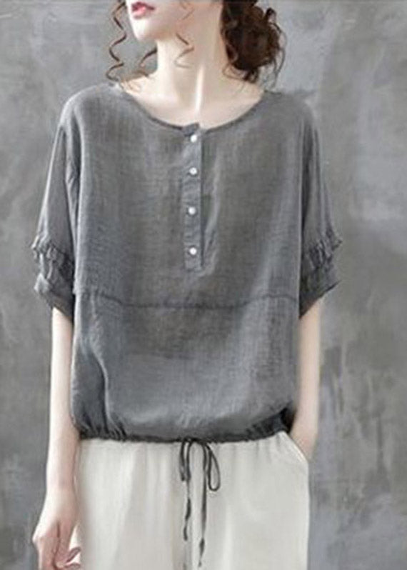Grey O-neck Button Drawstring Patchwork Linen Shirt Tops Short Sleeve