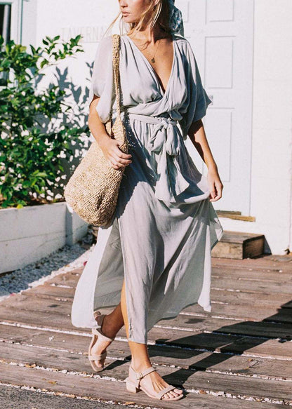 Organic White V Neck Lace Up Side Open Cotton Dresses Summer