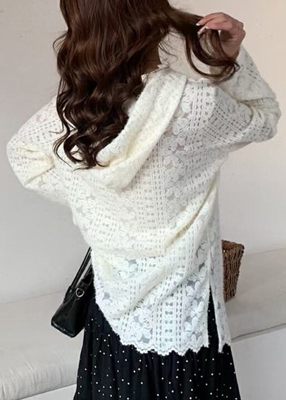 Modern White Hooded Knit Lace Shirts Spring