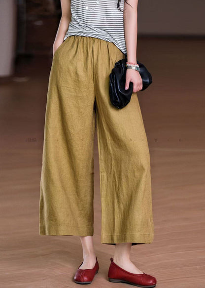 White Elastic Waist Pockets Linen Wide Leg Pants Summer