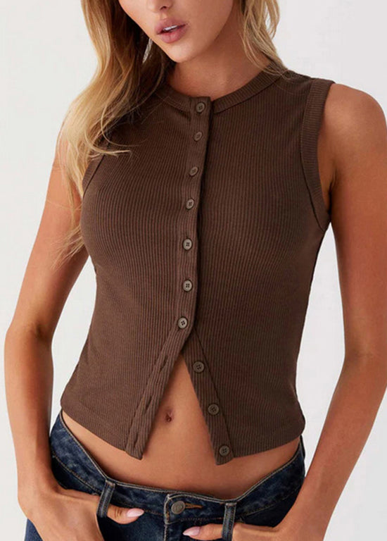 French Grey O Neck Button Knit Vest Top Sleeveless