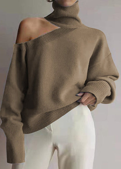 Khaki Hign Neck Cold Shoulder Knit Sweater Fall
