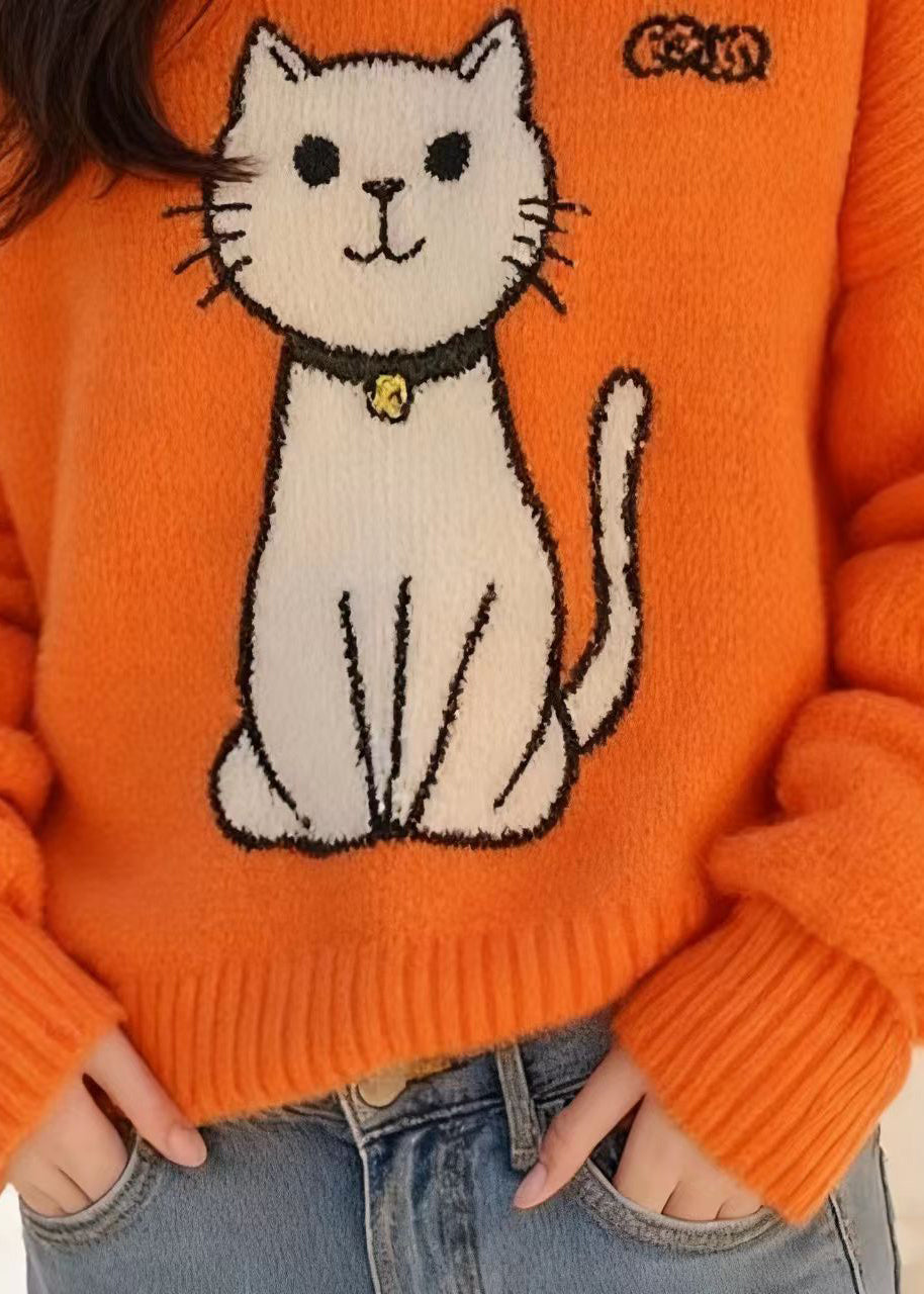 Orange Peter Pan Collar Cats Knitted Sweater Tops Fall