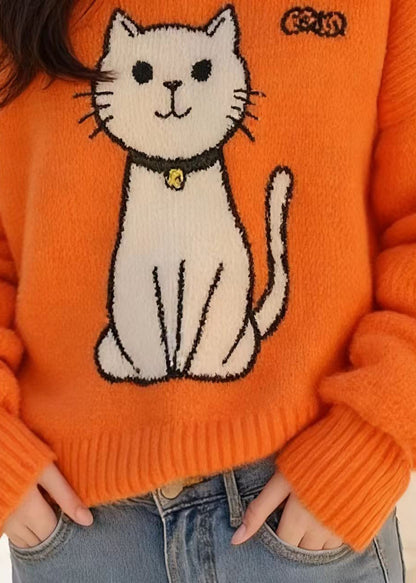 Orange Peter Pan Collar Cats Knitted Sweater Tops Fall