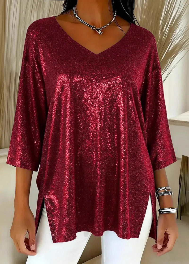 French Blue V Neck Side Open Polyester Blouse Tops Spring