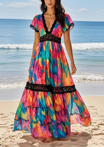 Rainbow Cinched Patchwork Chiffon Vacation Dresses Summer