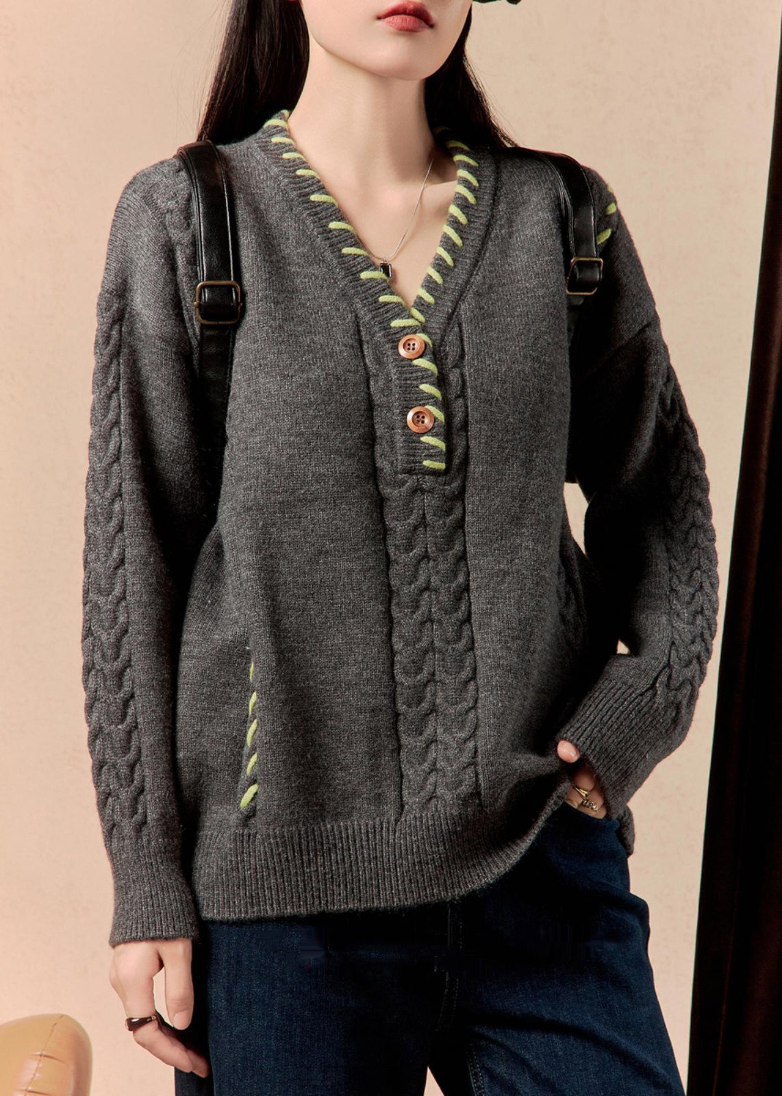 Dark Gray V Neck Cable Cotton Knit Sweater Winter