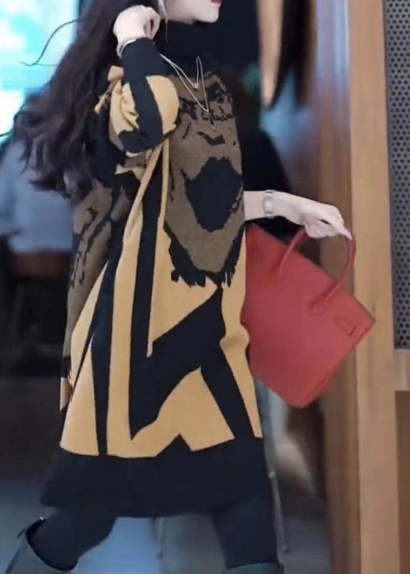 Yellow Turtleneck Print Cotton Knit Long Dress Winter