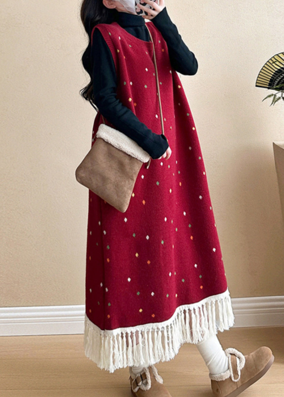 Red Tasseled Patchwork Knit Vest Long Dress Sleeveless