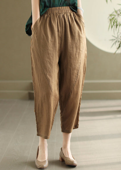 Orange Pockets Elastic Waist Linen Pants Summer