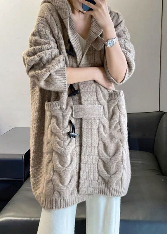 Khaki Hooded Oversized Cashmere Long Cardigans Winter