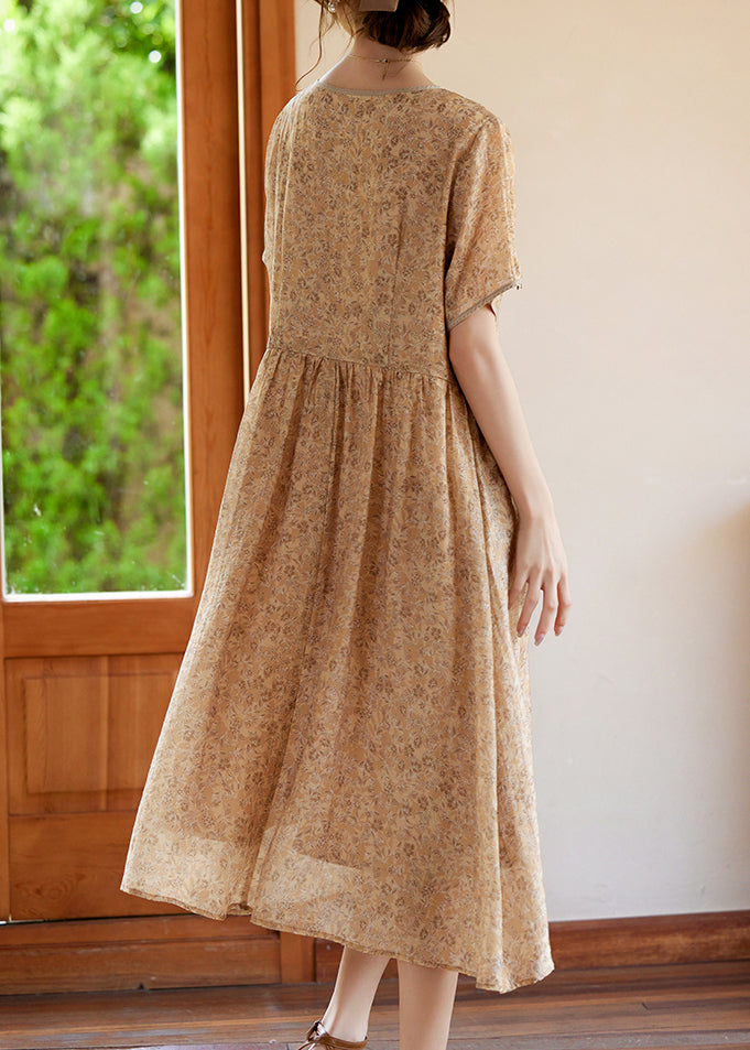 Slim Fit Khaki O-neck Print Silk Long Dresses Summer