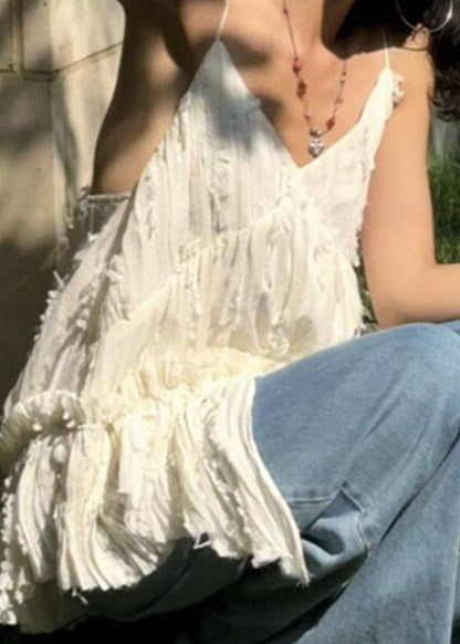 White V Neck Patchwork Cotton Spaghetti Strap Tops Summer