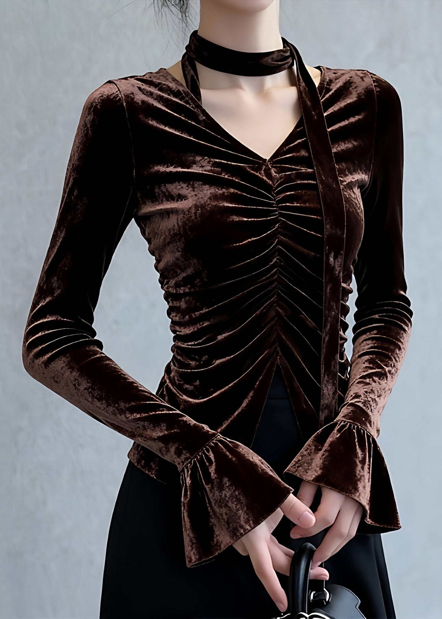 Coffee V Neck Wrinkled Silk Velour Top Flare Sleeve