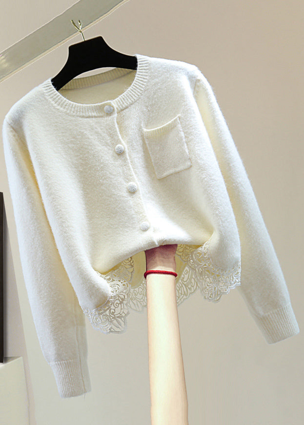 Light Green O-neck Lace Patchwork Cotton Knit Sweaters Winter