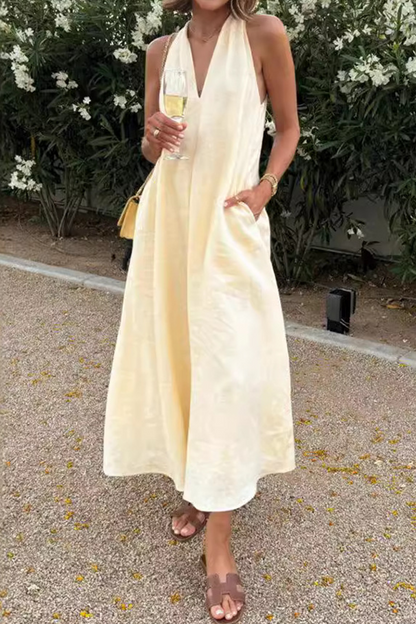 Daily Color Pocket V Neck Sleeveless Dresses