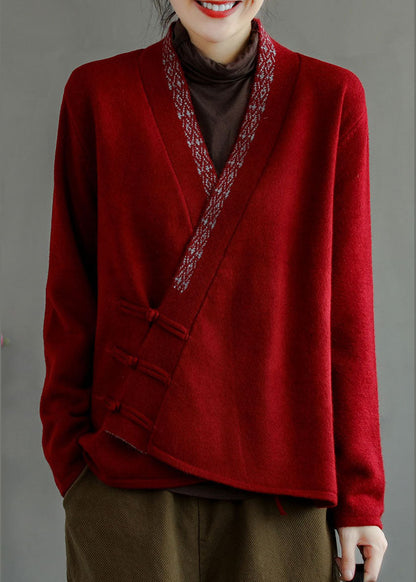 Blue Button V Neck Embroidered Woolen Coats Long Sleeve