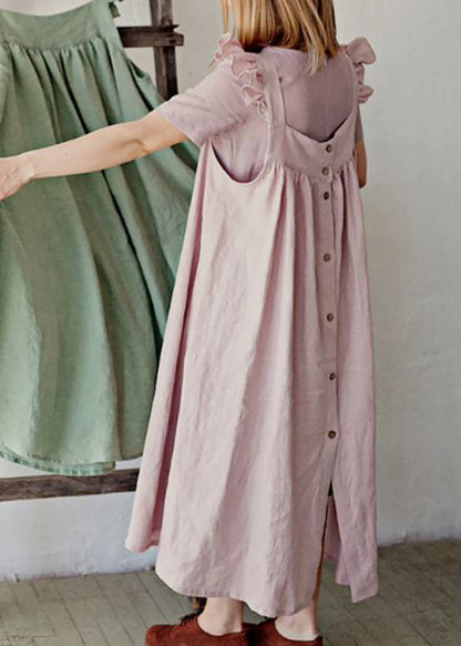 French Pink Square Collar Ruffled Cotton Spaghetti Strap Dress Summer