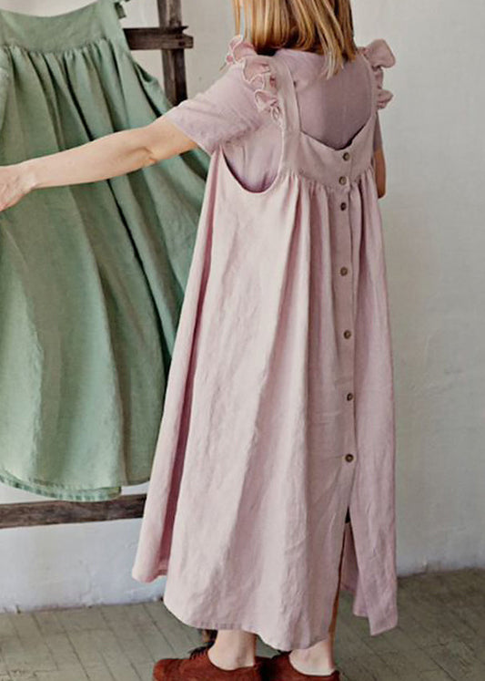 French Pink Square Collar Ruffled Cotton Spaghetti Strap Dress Summer