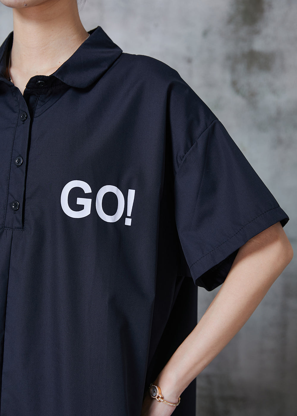 Simple Black Oversized Go Print Cotton Shirt Dress Fall