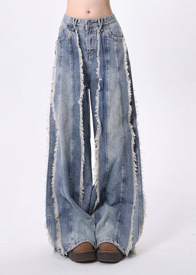 Blue Tasseled Patchwork Denim Straight Pants Spring