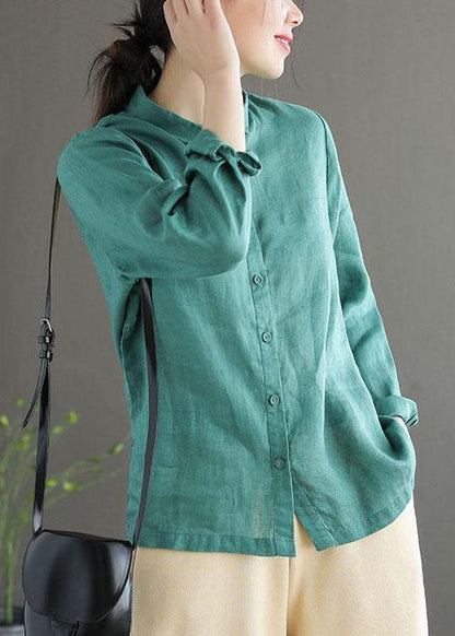 Green Peter Pan Collar Patchwork Summer Linen Blouses Long Sleeve