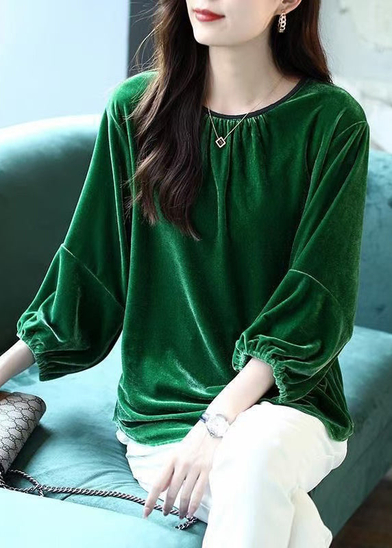 Loose Blackish Green O Neck Silk Velour Tops Spring