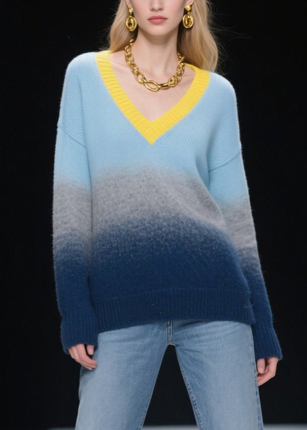 Mixed Color V Neck Warm Knitted Tops Winter