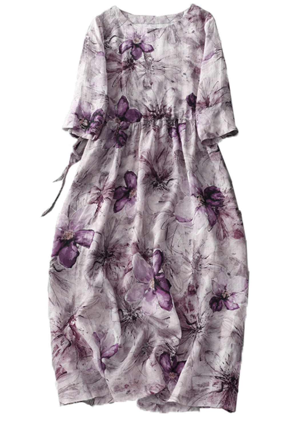 Purple O Neck Print Lace Up Cotton Dress Half Sleeve