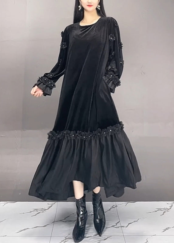 Boutique Red O-neck Embroidered Silk Velvet Long Dresses Fall