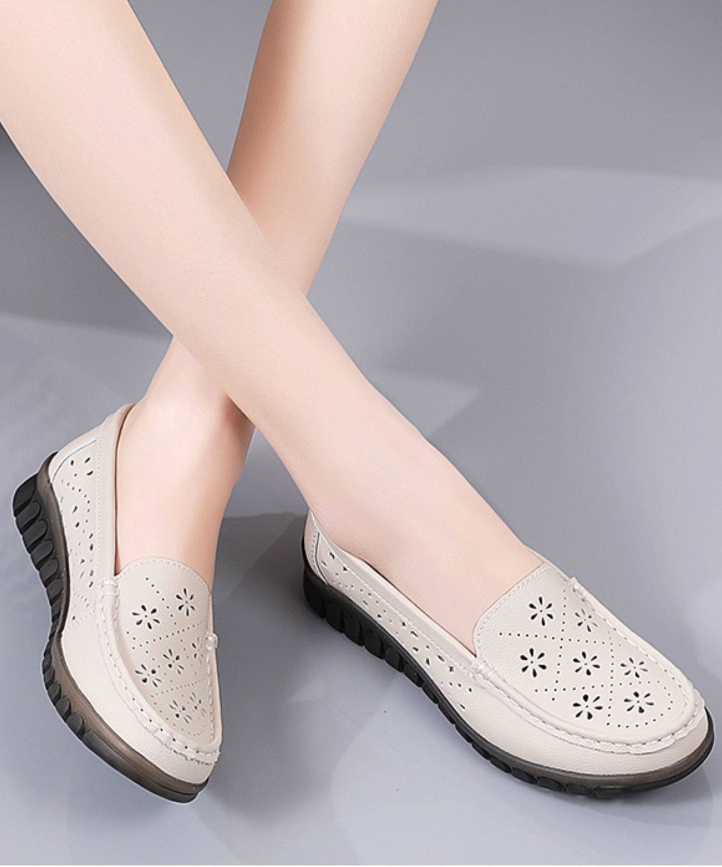 Hollow Out Flat Feet Shoes Beige Cowhide Leather