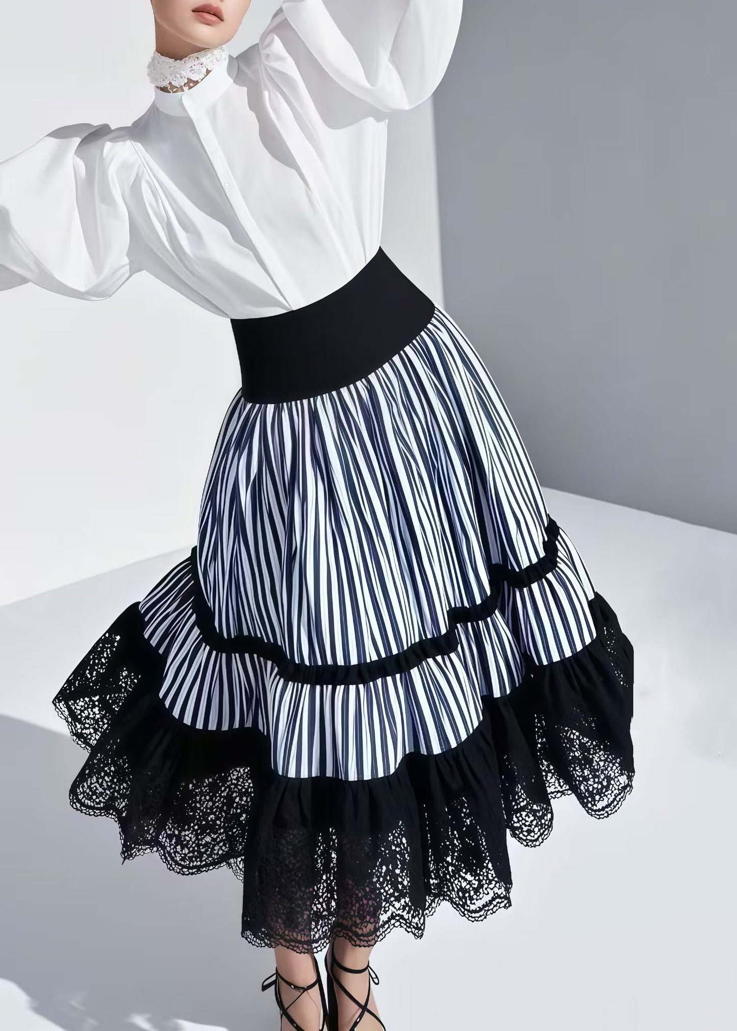 Blue Striped Patchwork Lace Skirt Summer
