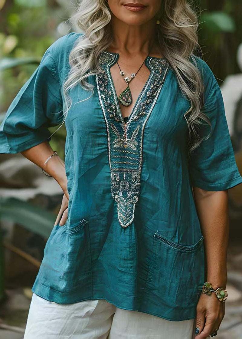 Blue V Neck Print Pockets Cotton Top Summer